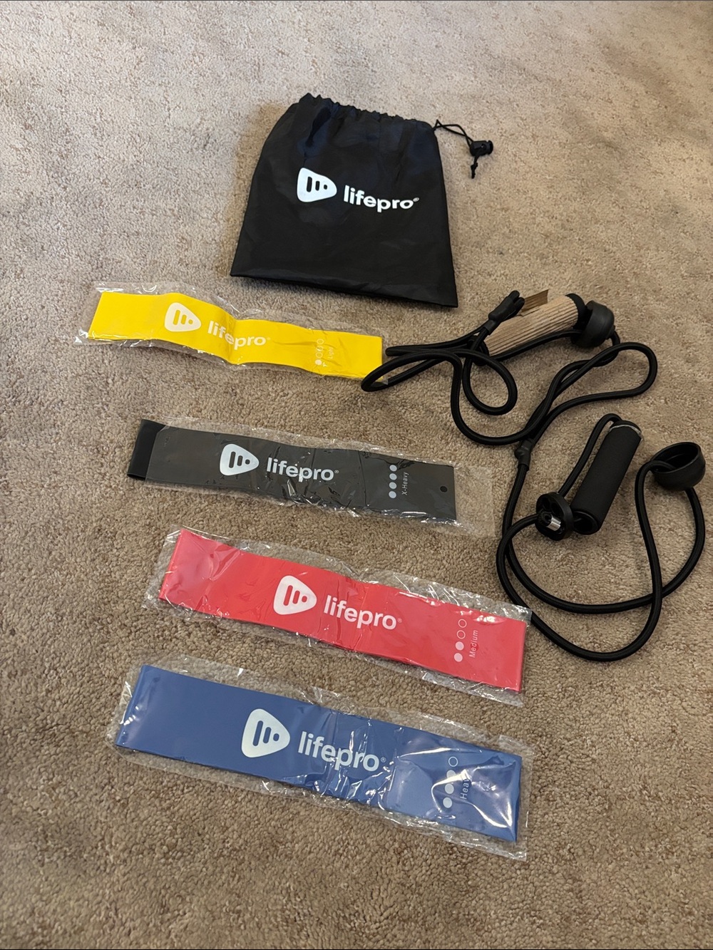 LifePro Resistance Band Set with Carry Pouch - Yellow, Black, Red, Blue